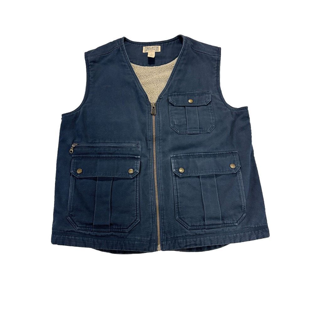Duluth Trading Mens L Vest Sherpa Lined Canvas Full Zip Blue Pockets Workwear